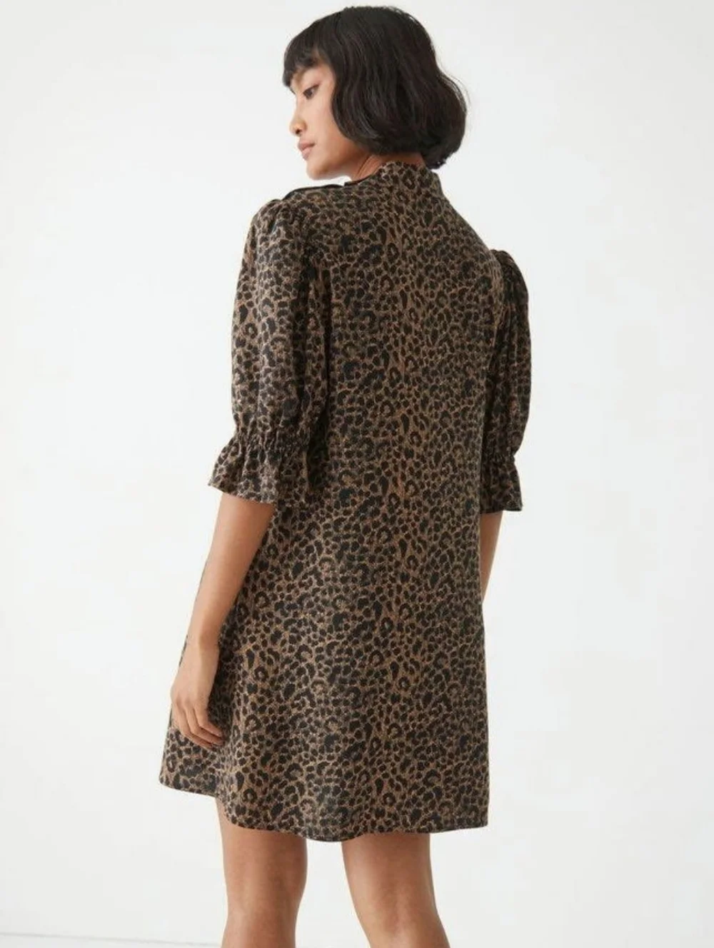 & Other Stories Leopard Print Mini Dress Size 4 Puff Sleeve High Neck - Picture 3 of 14